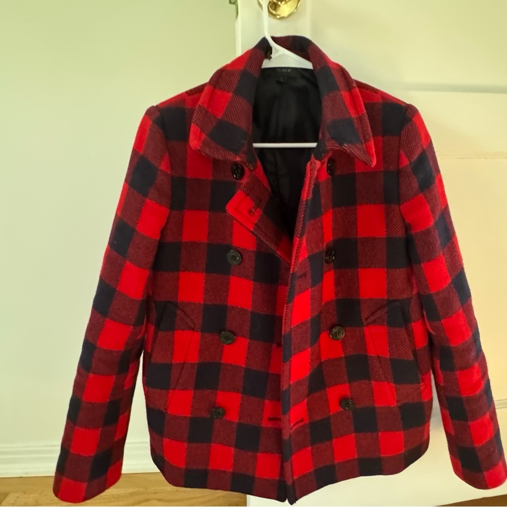 J. Crew red and black plaid pea coat